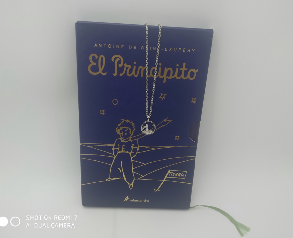 Libro "El Principito edición de lujo"+ colgante acero Principito sentado en su planeta